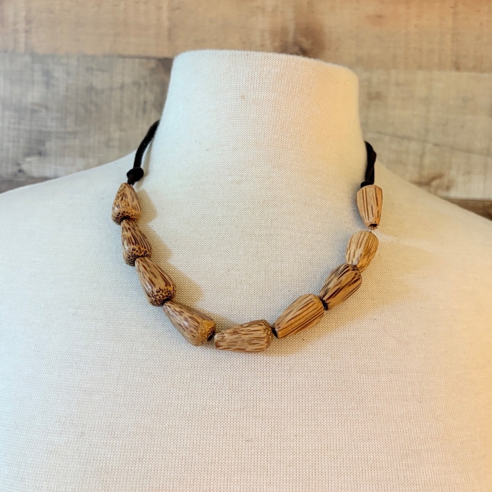Natural Palm Wood Teardrop Bead Necklace‎ Brown Earthy Boho Cord